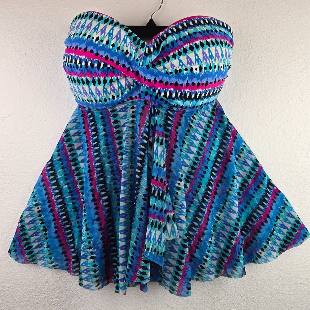 Merona Strapless Swim Tankini Top Blue Pink Tribal Print Size Large Rave Concert